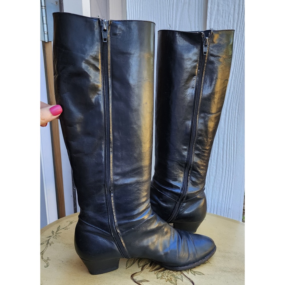 Vintage Salvatore Ferragamo Sz 7 Black Leather Riding Boots Made in Italy Preppy - Picture 11 of 14